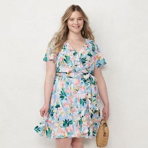 LC Lauren Conrad Blue with Floral Ruffle Faux Wrap Dress Woman’s Plus Size 3x